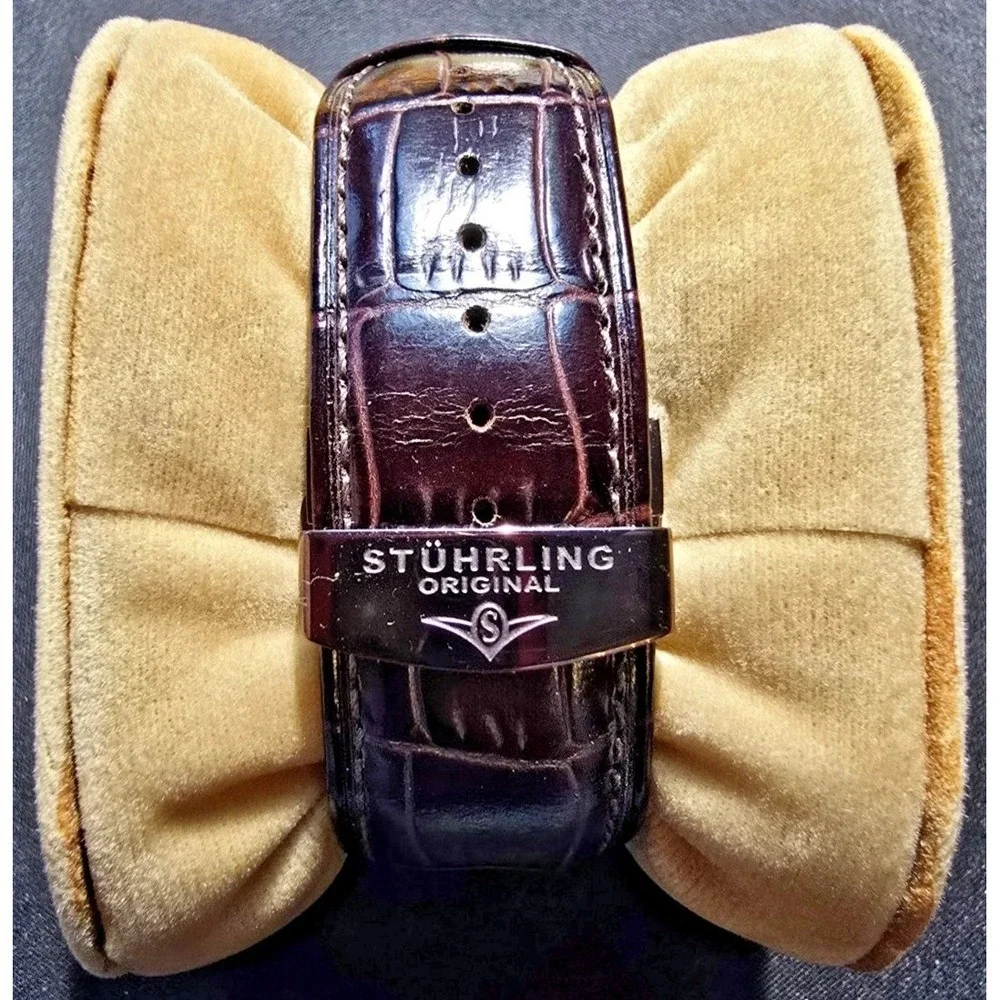Stührling Original Brumalia Skeleton Watch Brown Leather Strap Exhibition Back